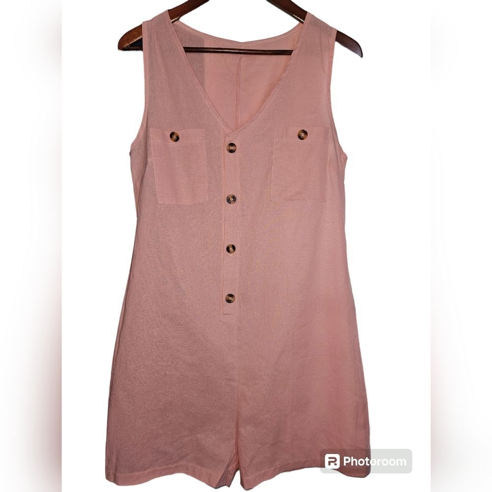Light Pink V-neck Button Down Romper Vintage Style Retro Preppy see measurements